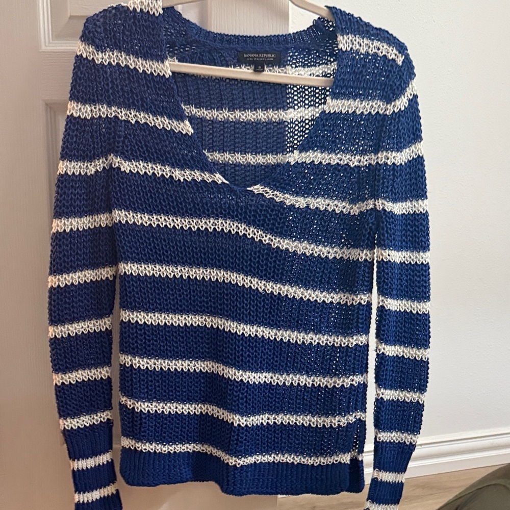 Banana republic Navy and White Striped V-Neck Sweater